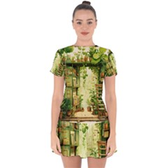 Building Potted Plants Drop Hem Mini Chiffon Dress