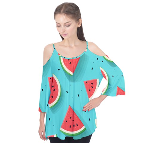 Watermelon Fruit Slice Flutter Sleeve T-shirt  by Ravend