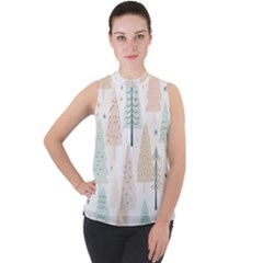 Trees Christmas Mock Neck Chiffon Sleeveless Top by Ravend