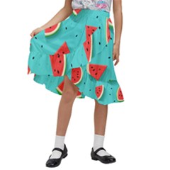 Watermelon Fruit Slice Kids  Ruffle Flared Wrap Midi Skirt by Ravend