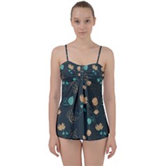 Flowers Leaves Pattern Seamless Babydoll Tankini Set