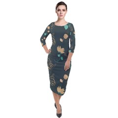 Flowers Leaves Pattern Seamless Quarter Sleeve Midi Velour Bodycon Dress