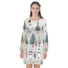 Snowman Snow Christmas Long Sleeve Chiffon Shift Dress 