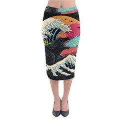 Retro Wave Kaiju Godzilla Japanese Pop Art Style Midi Pencil Skirt by Modalart