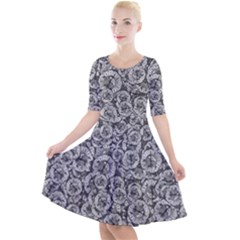 Vintage Clock Motif Pattern Quarter Sleeve A-Line Dress