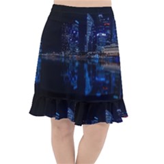 Illuminated Cityscape Against Blue Sky At Night Fishtail Chiffon Skirt by Modalart