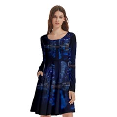 Illuminated Cityscape Against Blue Sky At Night Long Sleeve Knee Length Skater Dress With Pockets by Modalart