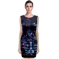 Black Building Lighted Under Clear Sky Classic Sleeveless Midi Dress by Modalart