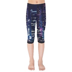 Black Building Lighted Under Clear Sky Kids  Capri Leggings  by Modalart