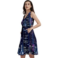 Black Building Lighted Under Clear Sky Sleeveless V-neck Skater Dress With Pockets by Modalart