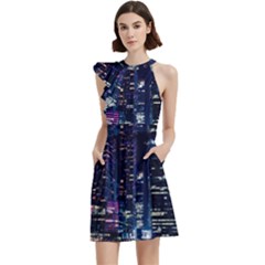 Black Building Lighted Under Clear Sky Cocktail Party Halter Sleeveless Dress With Pockets