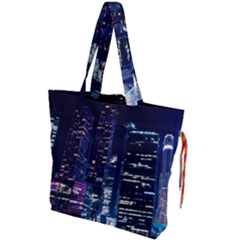 Black Building Lighted Under Clear Sky Drawstring Tote Bag by Modalart