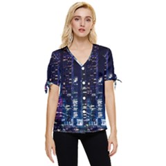 Black Building Lighted Under Clear Sky Bow Sleeve Button Up Top by Modalart