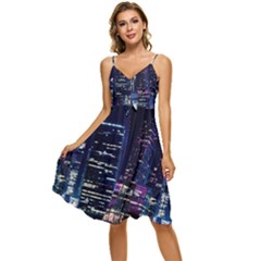 Black Building Lighted Under Clear Sky Sleeveless Tie Front Chiffon Dress