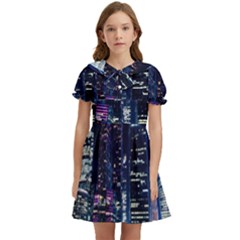 Black Building Lighted Under Clear Sky Kids  Bow Tie Puff Sleeve Dress by Modalart