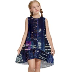 Black Building Lighted Under Clear Sky Kids  Frill Swing Dress by Modalart