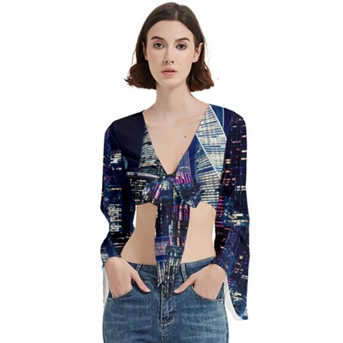 Black Building Lighted Under Clear Sky Trumpet Sleeve Cropped Top by Modalart