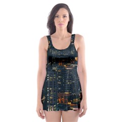 Photo Of Buildings During Nighttime Skater Dress Swimsuit by Modalart