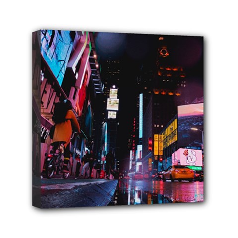 Roadway Surrounded Building During Nighttime Mini Canvas 6  x 6  (Stretched)