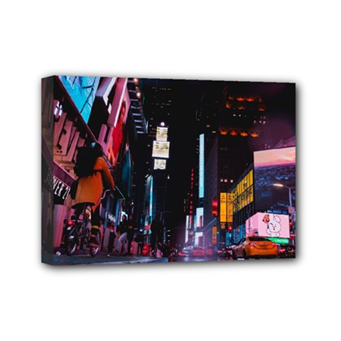 Roadway Surrounded Building During Nighttime Mini Canvas 7  X 5  (stretched) by Modalart