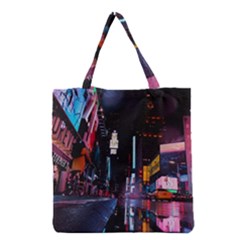 Roadway Surrounded Building During Nighttime Grocery Tote Bag