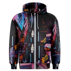 Roadway Surrounded Building During Nighttime Men s Zipper Hoodie