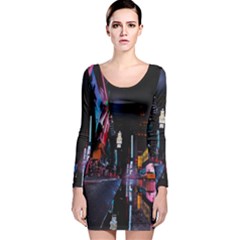 Roadway Surrounded Building During Nighttime Long Sleeve Velvet Bodycon Dress