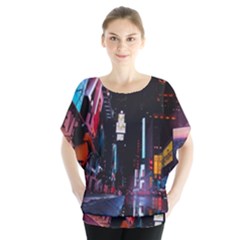 Roadway Surrounded Building During Nighttime Batwing Chiffon Blouse