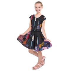 Roadway Surrounded Building During Nighttime Kids  Short Sleeve Dress