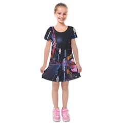 Roadway Surrounded Building During Nighttime Kids  Short Sleeve Velvet Dress