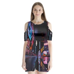 Roadway Surrounded Building During Nighttime Shoulder Cutout Velvet One Piece