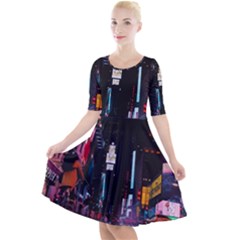 Roadway Surrounded Building During Nighttime Quarter Sleeve A-Line Dress