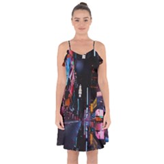 Roadway Surrounded Building During Nighttime Ruffle Detail Chiffon Dress