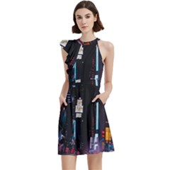 Roadway Surrounded Building During Nighttime Cocktail Party Halter Sleeveless Dress With Pockets