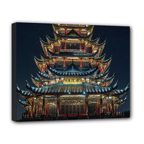 Blue Yellow And Green Lighted Pagoda Tower Deluxe Canvas 20  X 16  (stretched) by Modalart