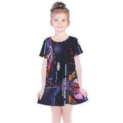 Roadway Surrounded Building During Nighttime Kids  Simple Cotton Dress