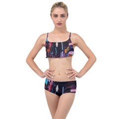 Roadway Surrounded Building During Nighttime Layered Top Bikini Set by Modalart