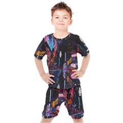 Roadway Surrounded Building During Nighttime Kids  T-Shirt and Shorts Set