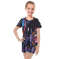 Roadway Surrounded Building During Nighttime Kids  Mesh T-Shirt and Shorts Set