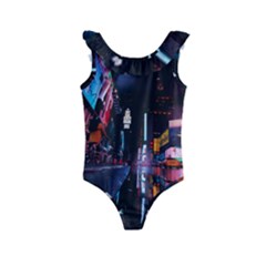 Roadway Surrounded Building During Nighttime Kids  Frill Swimsuit