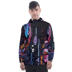 Roadway Surrounded Building During Nighttime Men s Front Pocket Pullover Windbreaker