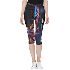 Roadway Surrounded Building During Nighttime Inside Out Lightweight Velour Capri Leggings 