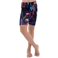 Roadway Surrounded Building During Nighttime Kids  Lightweight Velour Cropped Yoga Leggings
