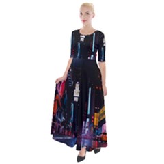 Roadway Surrounded Building During Nighttime Half Sleeves Maxi Dress
