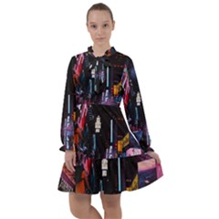 Roadway Surrounded Building During Nighttime All Frills Chiffon Dress