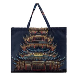 Blue Yellow And Green Lighted Pagoda Tower Zipper Large Tote Bag by Modalart