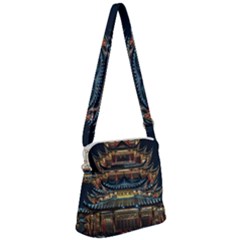 Blue Yellow And Green Lighted Pagoda Tower Zipper Messenger Bag by Modalart