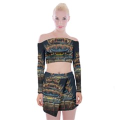 Blue Yellow And Green Lighted Pagoda Tower Off Shoulder Top With Mini Skirt Set by Modalart