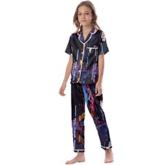 Roadway Surrounded Building During Nighttime Kids  Satin Short Sleeve Pajamas Set