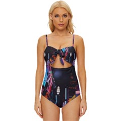 Roadway Surrounded Building During Nighttime Knot Front One-Piece Swimsuit